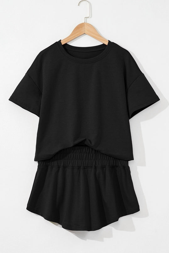 Cropped Tee and Ruffle High Waist Skort 2pcs Set
