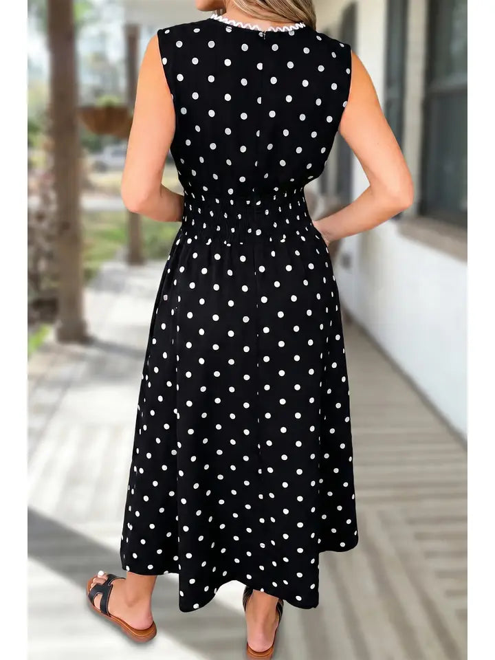 Polka Dots Print Trim V Neck Zip Up Maxi Dress