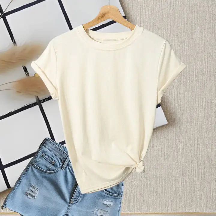 Plain Color Round Neck Short Sleeve T-Shirt