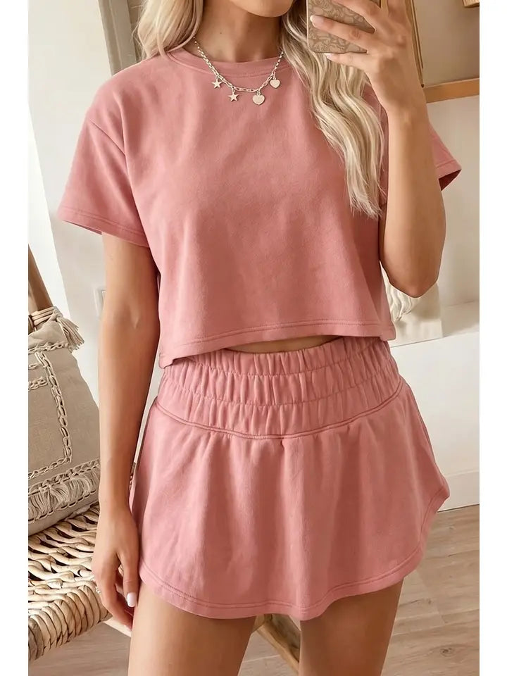 Cropped Tee and Ruffle High Waist Skort 2pcs Set
