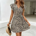 Leopard Print V-Neck Flutter Sleeve Waist Tie Dress