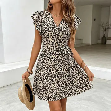 Leopard Print V-Neck Flutter Sleeve Waist Tie Dress