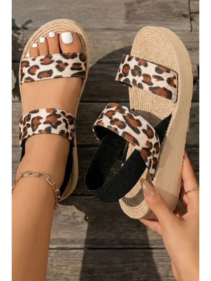 Leopard Double Straps Woven Textured Sole Casual Sandals