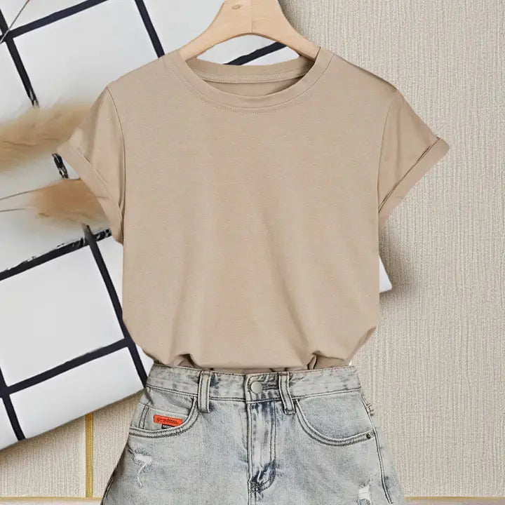 Plain Color Round Neck Short Sleeve T-Shirt