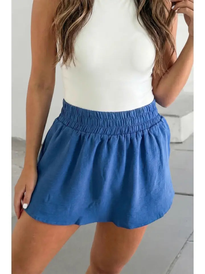 Solid Elastic Waist Casual Skort