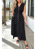 Polka Dots Print Trim V Neck Zip Up Maxi Dress