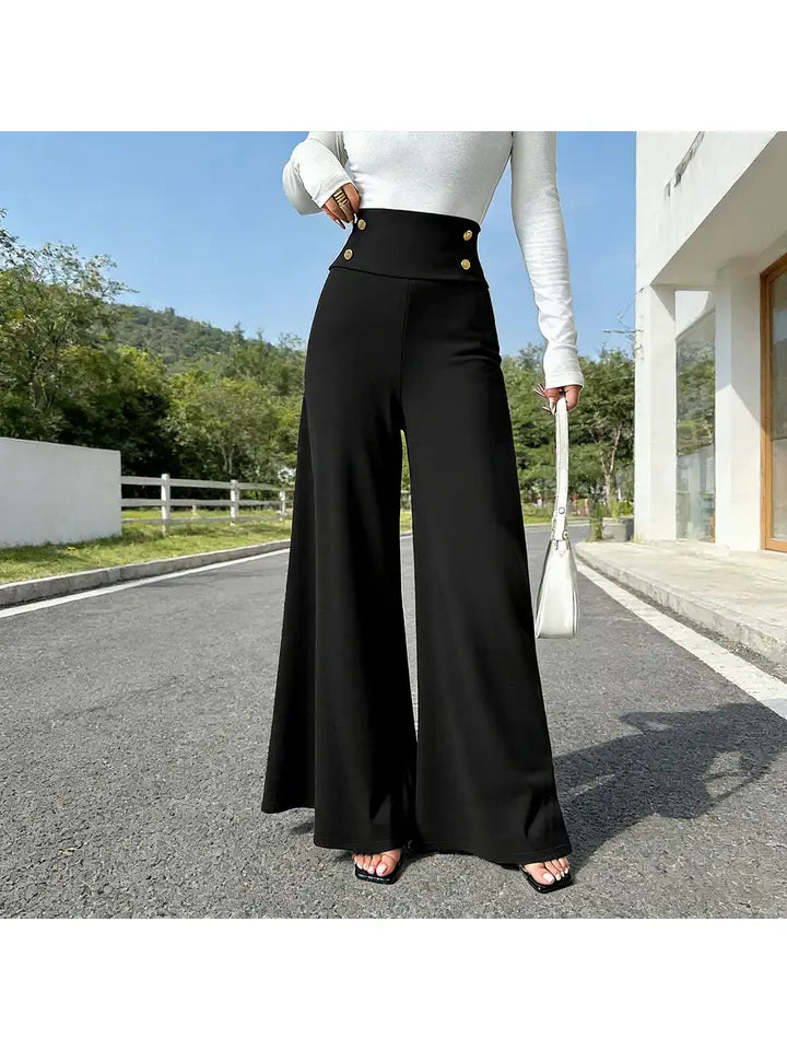Metal Buttons Floor-Length Straight-Leg Pants