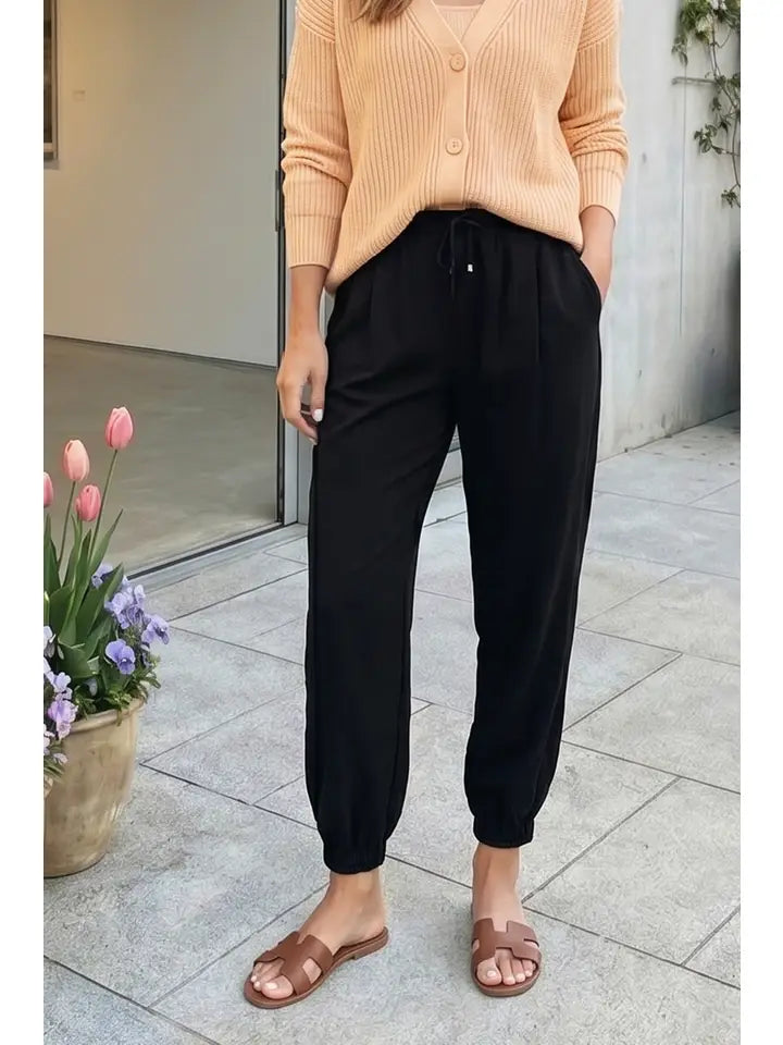 Solid Color Drawstring Smocked Waist Joggers