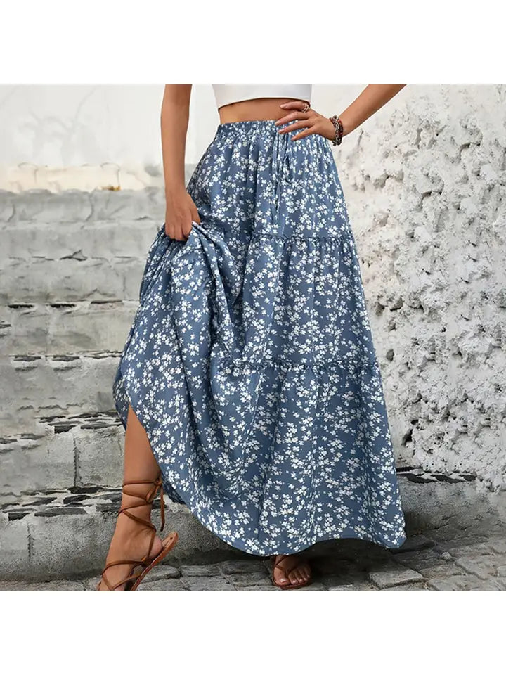 Small Floral Belt Three-Layer Splicing Long Skirt