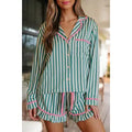 Striped Print Drawstring Ruffled 2pcs Shorts Set