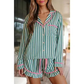 Striped Print Drawstring Ruffled 2pcs Shorts Set