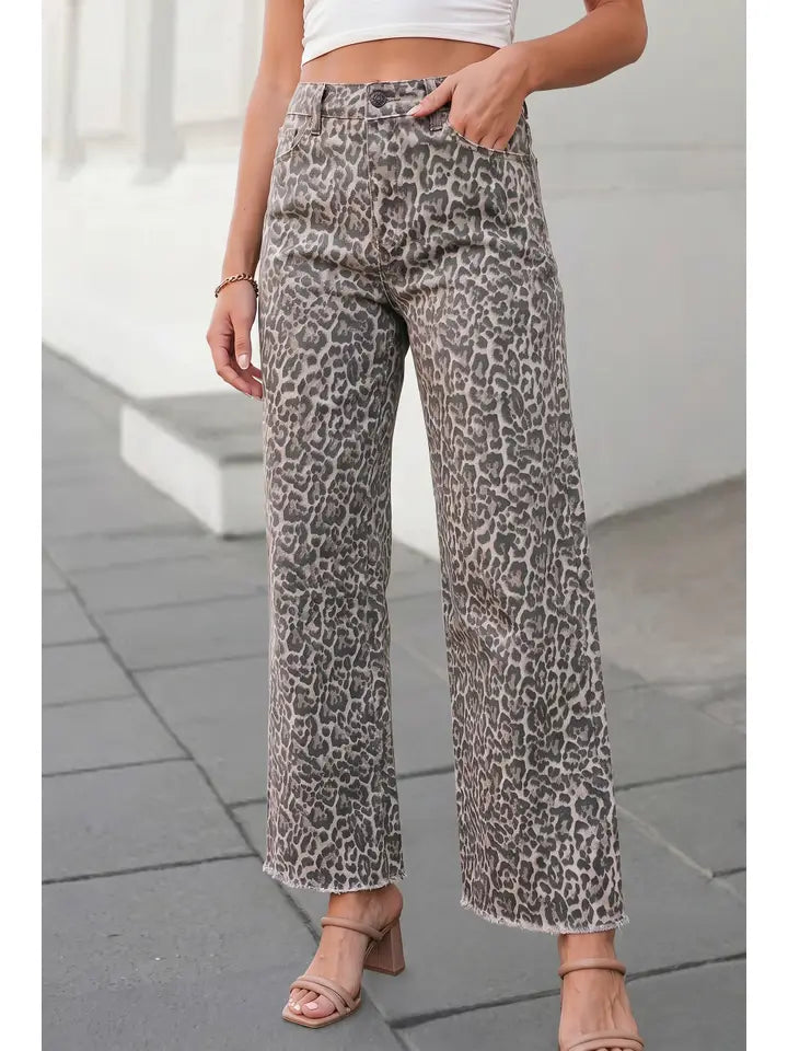 Leopard Frayed Edge Wide Leg High Waist Jeans