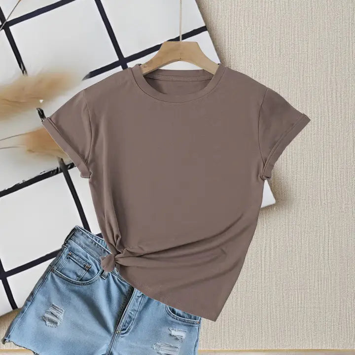 Plain Color Round Neck Short Sleeve T-Shirt