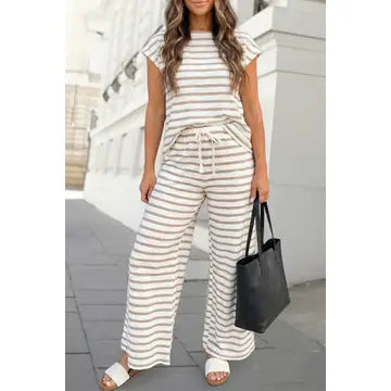 Stripe Drawstring Wide Leg 2pcs Pants Set