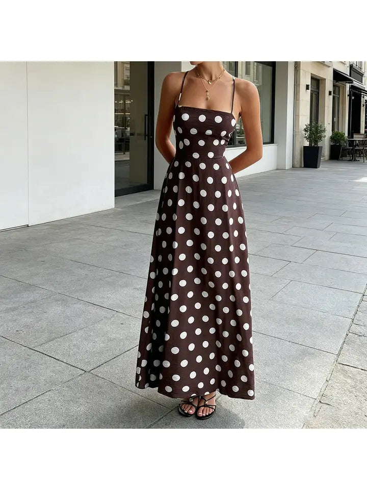 Casual Polka Dot Backless High Waist Cami Dress