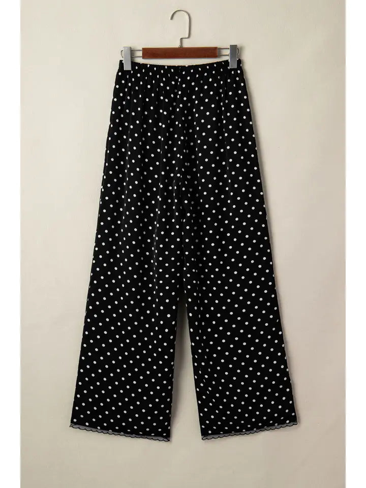 Polka Dot Print Elastic Waist Lace Hem Loose Pants
